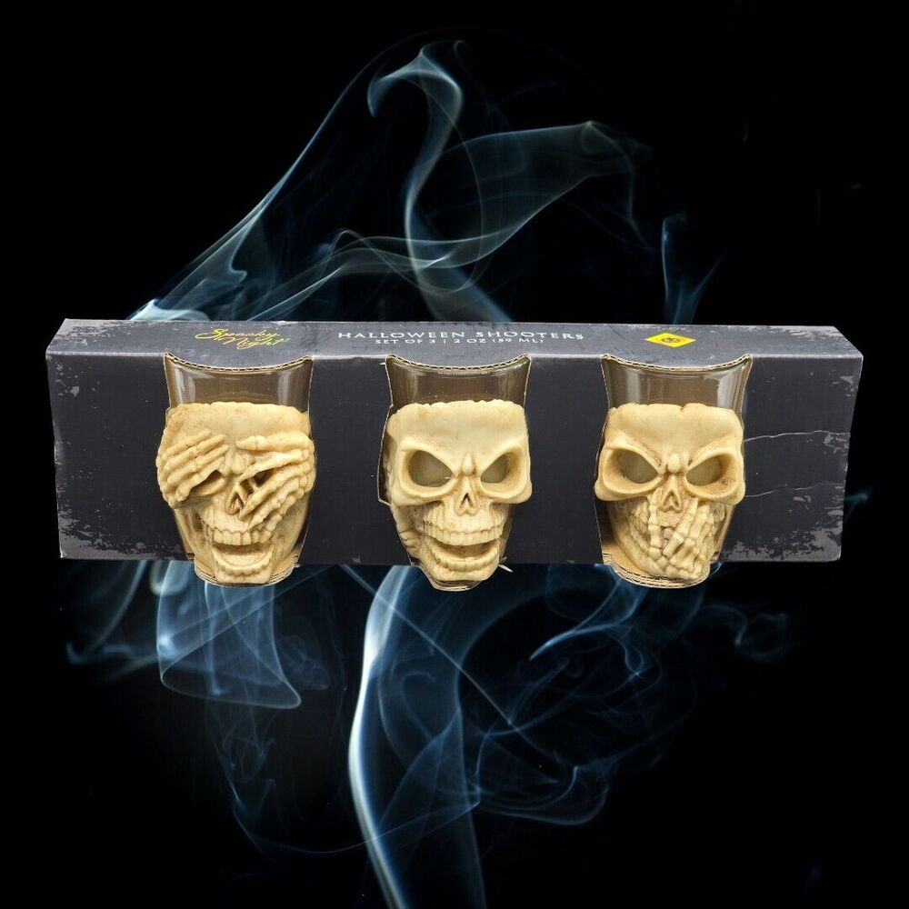 Spooky Night Halloween Set Of 3 2oz. Shooters See/Hear/Speak No Evil Skulls NIB